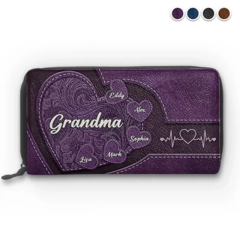 Hold My Hand, Hold My Heart - Family Personalized Custom Leather Long Wallet - Mother's Day, Gift For Mom, Grandma