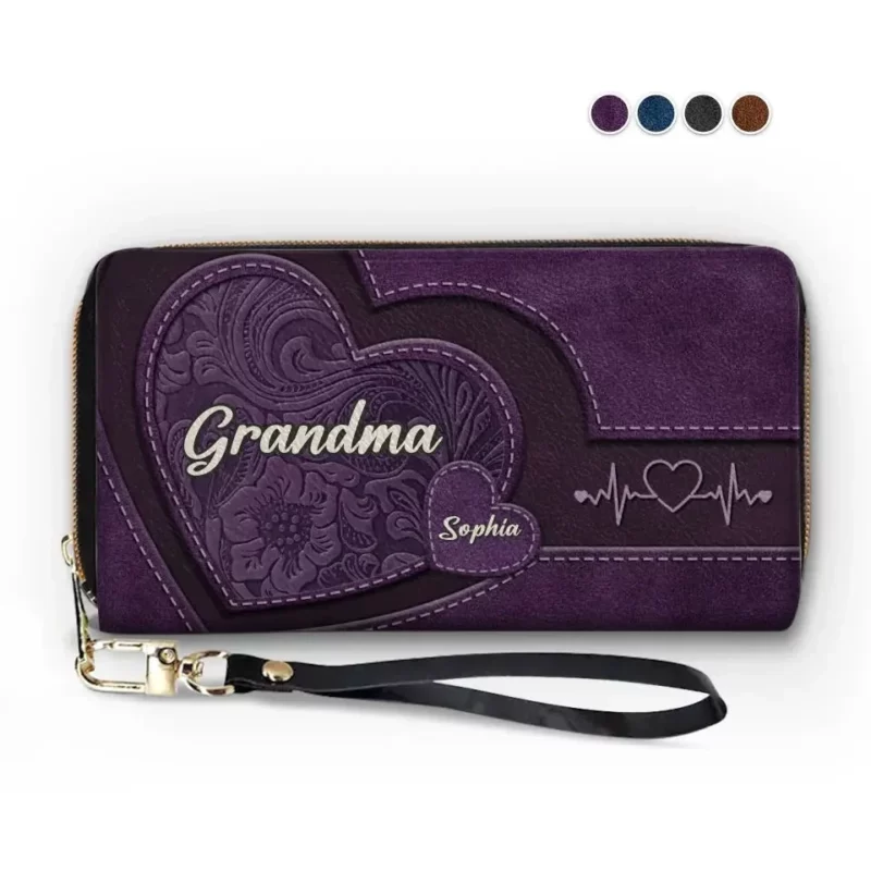 Hold My Hand, Hold My Heart - Family Personalized Custom Leather Long Wallet - Mother's Day, Gift For Mom, Grandma - Image 2